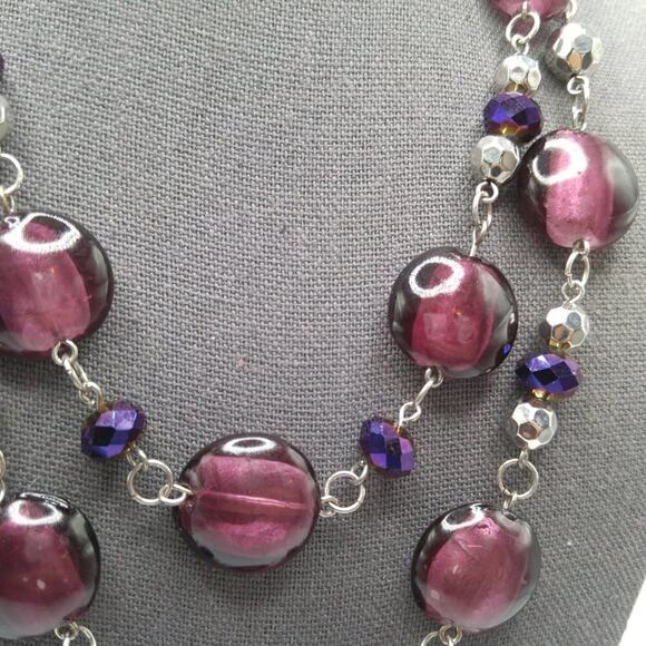 Purple Flat Round Beaded Necklace, Purple Crystal Beads, Two Strands, 24 Inches - Picture 6 of 10